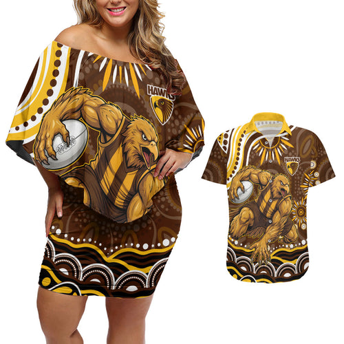 Personalized Hawthorn Hawks AFL Mascot Couples Matching Off Shoulder Short Dress and Hawaiian Shirt Aboriginal Dot Art - Dreamtime Football Mascot