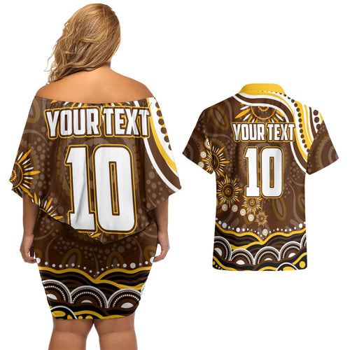 Personalized Hawthorn Hawks AFL Mascot Couples Matching Off Shoulder Short Dress and Hawaiian Shirt Aboriginal Dot Art - Dreamtime Football Mascot