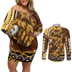 Personalized Hawthorn Hawks AFL Mascot Couples Matching Off Shoulder Short Dress and Long Sleeve Button Shirt Aboriginal Dot Art - Dreamtime Football Mascot