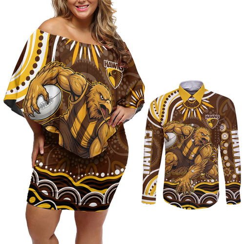 Personalized Hawthorn Hawks AFL Mascot Couples Matching Off Shoulder Short Dress and Long Sleeve Button Shirt Aboriginal Dot Art - Dreamtime Football Mascot