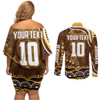 Personalized Hawthorn Hawks AFL Mascot Couples Matching Off Shoulder Short Dress and Long Sleeve Button Shirt Aboriginal Dot Art - Dreamtime Football Mascot