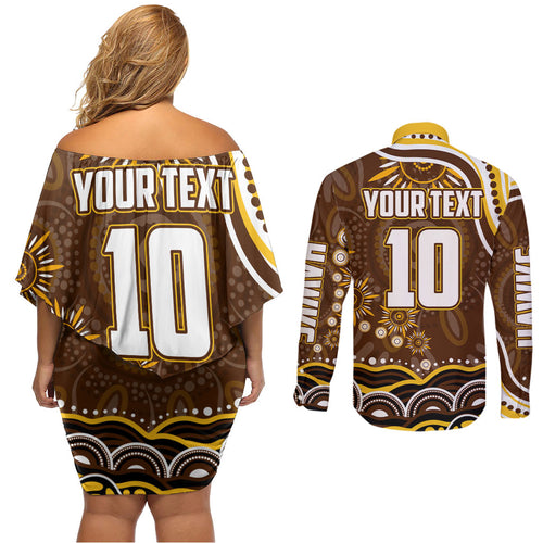Personalized Hawthorn Hawks AFL Mascot Couples Matching Off Shoulder Short Dress and Long Sleeve Button Shirt Aboriginal Dot Art - Dreamtime Football Mascot