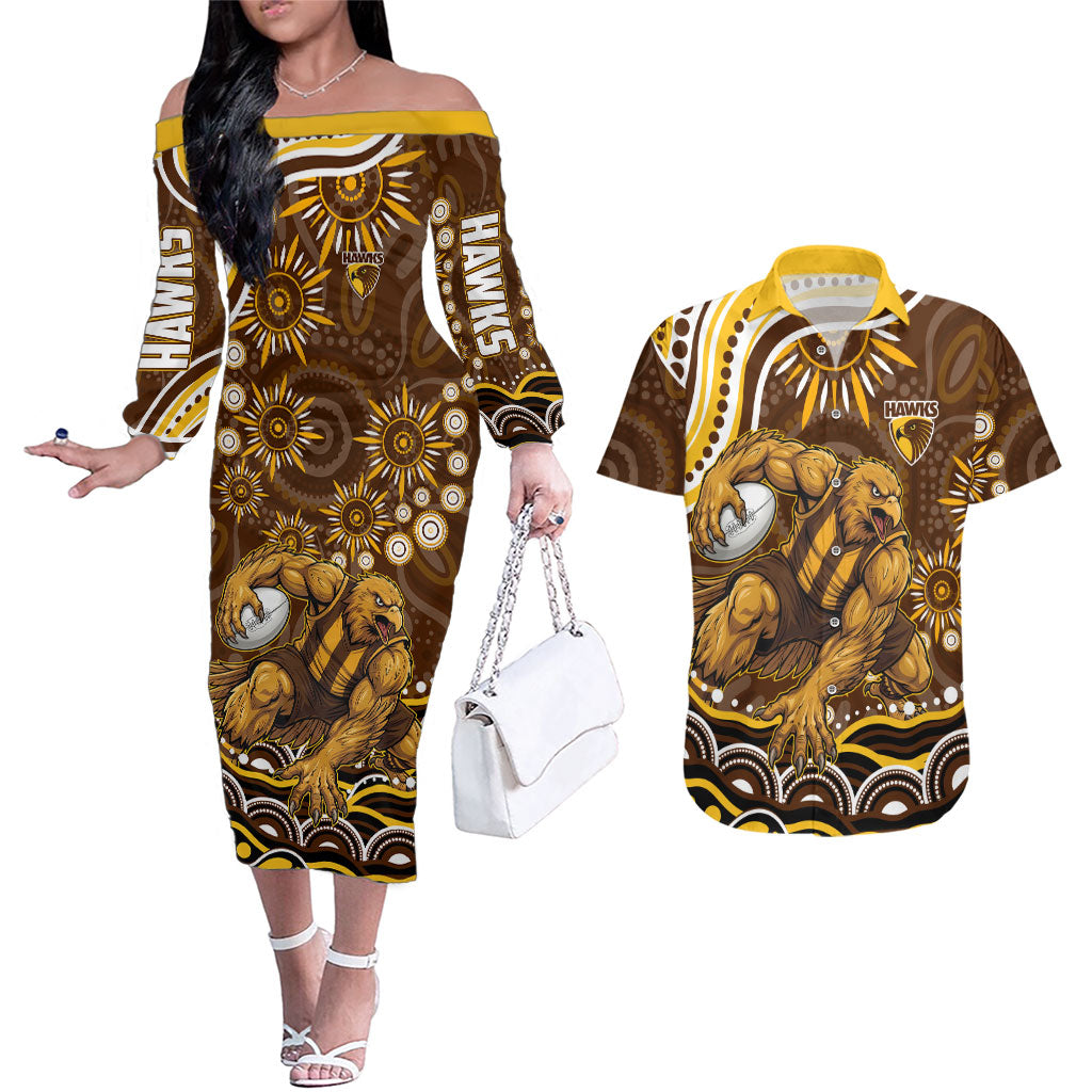 Personalized Hawthorn Hawks AFL Mascot Couples Matching Off The Shoulder Long Sleeve Dress and Hawaiian Shirt Aboriginal Dot Art - Dreamtime Football Mascot