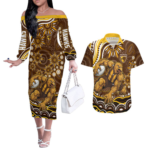 Personalized Hawthorn Hawks AFL Mascot Couples Matching Off The Shoulder Long Sleeve Dress and Hawaiian Shirt Aboriginal Dot Art - Dreamtime Football Mascot