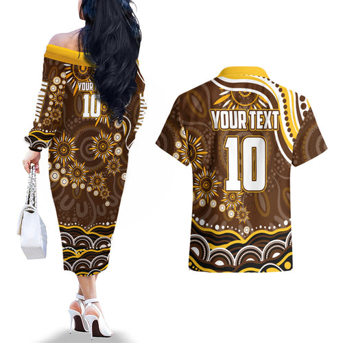 Personalized Hawthorn Hawks AFL Mascot Couples Matching Off The Shoulder Long Sleeve Dress and Hawaiian Shirt Aboriginal Dot Art - Dreamtime Football Mascot