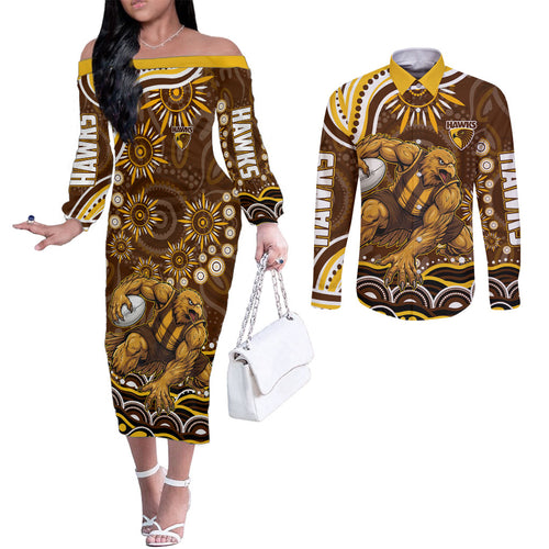 Personalized Hawthorn Hawks AFL Mascot Couples Matching Off The Shoulder Long Sleeve Dress and Long Sleeve Button Shirt Aboriginal Dot Art - Dreamtime Football Mascot