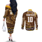 Personalized Hawthorn Hawks AFL Mascot Couples Matching Off The Shoulder Long Sleeve Dress and Long Sleeve Button Shirt Aboriginal Dot Art - Dreamtime Football Mascot