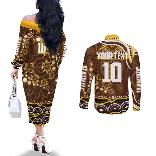 Personalized Hawthorn Hawks AFL Mascot Couples Matching Off The Shoulder Long Sleeve Dress and Long Sleeve Button Shirt Aboriginal Dot Art - Dreamtime Football Mascot