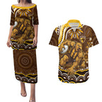 Personalized Hawthorn Hawks AFL Mascot Couples Matching Puletasi and Hawaiian Shirt Aboriginal Dot Art - Dreamtime Football Mascot