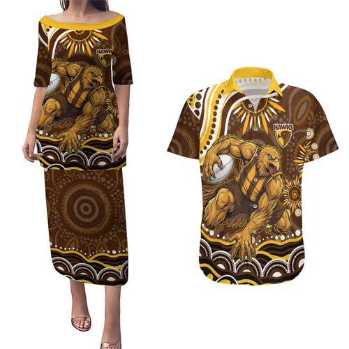 Personalized Hawthorn Hawks AFL Mascot Couples Matching Puletasi and Hawaiian Shirt Aboriginal Dot Art - Dreamtime Football Mascot