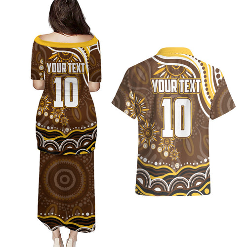 Personalized Hawthorn Hawks AFL Mascot Couples Matching Puletasi and Hawaiian Shirt Aboriginal Dot Art - Dreamtime Football Mascot