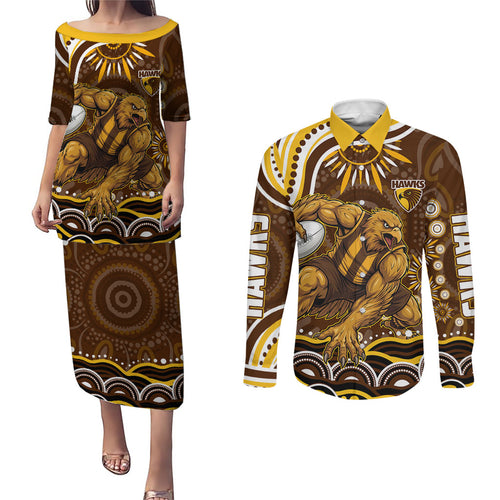 Personalized Hawthorn Hawks AFL Mascot Couples Matching Puletasi and Long Sleeve Button Shirt Aboriginal Dot Art - Dreamtime Football Mascot