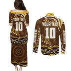 Personalized Hawthorn Hawks AFL Mascot Couples Matching Puletasi and Long Sleeve Button Shirt Aboriginal Dot Art - Dreamtime Football Mascot