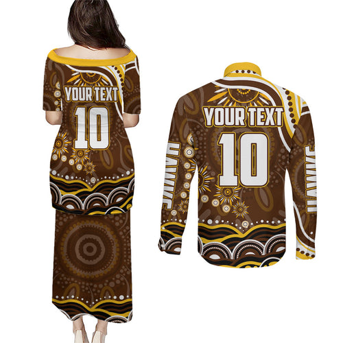 Personalized Hawthorn Hawks AFL Mascot Couples Matching Puletasi and Long Sleeve Button Shirt Aboriginal Dot Art - Dreamtime Football Mascot