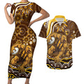 Personalized Hawthorn Hawks AFL Mascot Couples Matching Short Sleeve Bodycon Dress and Hawaiian Shirt Aboriginal Dot Art - Dreamtime Football Mascot