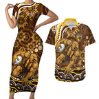 Personalized Hawthorn Hawks AFL Mascot Couples Matching Short Sleeve Bodycon Dress and Hawaiian Shirt Aboriginal Dot Art - Dreamtime Football Mascot