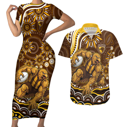 Personalized Hawthorn Hawks AFL Mascot Couples Matching Short Sleeve Bodycon Dress and Hawaiian Shirt Aboriginal Dot Art - Dreamtime Football Mascot
