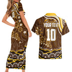 Personalized Hawthorn Hawks AFL Mascot Couples Matching Short Sleeve Bodycon Dress and Hawaiian Shirt Aboriginal Dot Art - Dreamtime Football Mascot