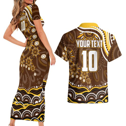 Personalized Hawthorn Hawks AFL Mascot Couples Matching Short Sleeve Bodycon Dress and Hawaiian Shirt Aboriginal Dot Art - Dreamtime Football Mascot