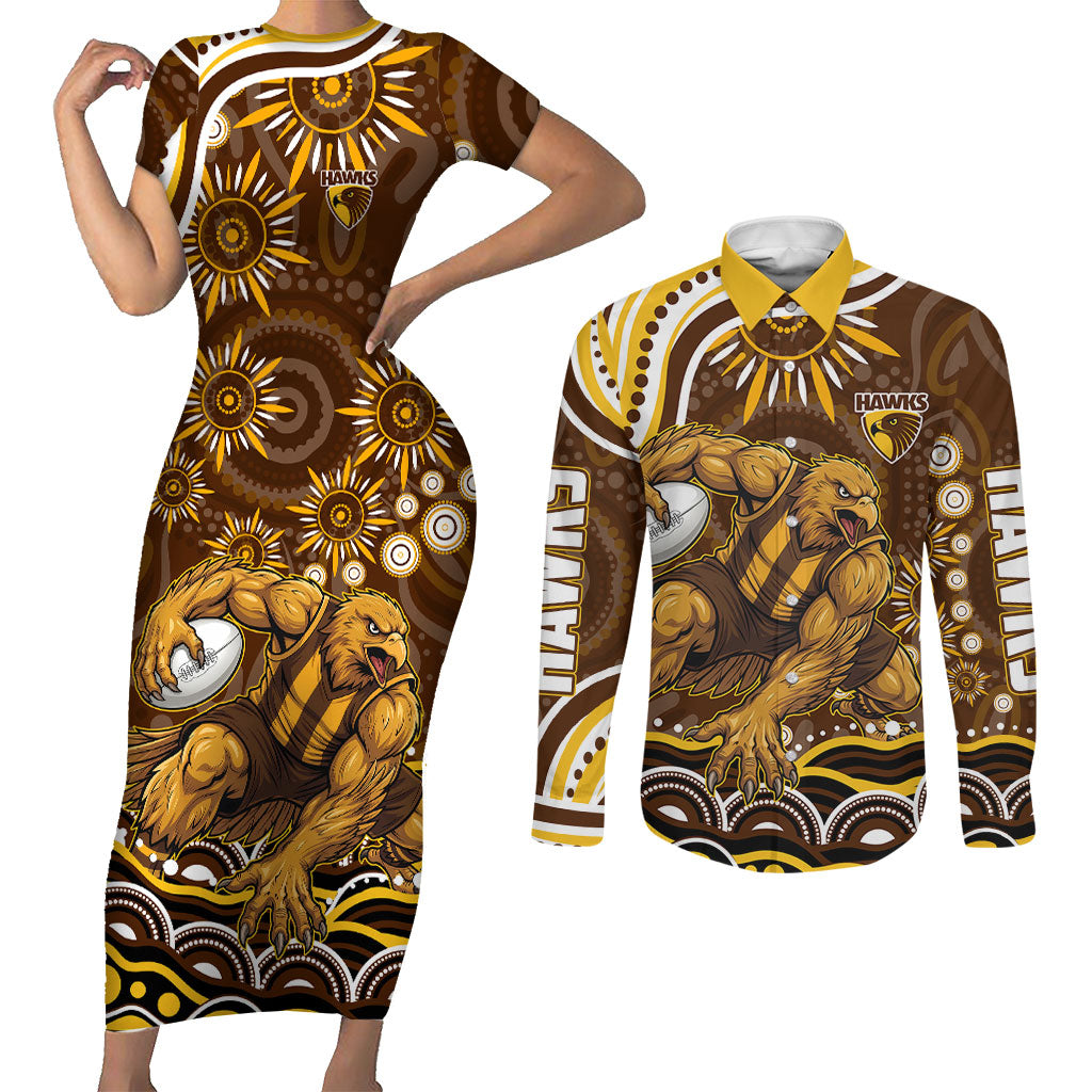 Personalized Hawthorn Hawks AFL Mascot Couples Matching Short Sleeve Bodycon Dress and Long Sleeve Button Shirt Aboriginal Dot Art - Dreamtime Football Mascot