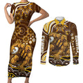 Personalized Hawthorn Hawks AFL Mascot Couples Matching Short Sleeve Bodycon Dress and Long Sleeve Button Shirt Aboriginal Dot Art - Dreamtime Football Mascot