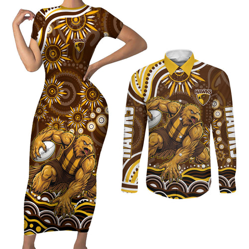 Personalized Hawthorn Hawks AFL Mascot Couples Matching Short Sleeve Bodycon Dress and Long Sleeve Button Shirt Aboriginal Dot Art - Dreamtime Football Mascot