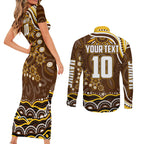 Personalized Hawthorn Hawks AFL Mascot Couples Matching Short Sleeve Bodycon Dress and Long Sleeve Button Shirt Aboriginal Dot Art - Dreamtime Football Mascot