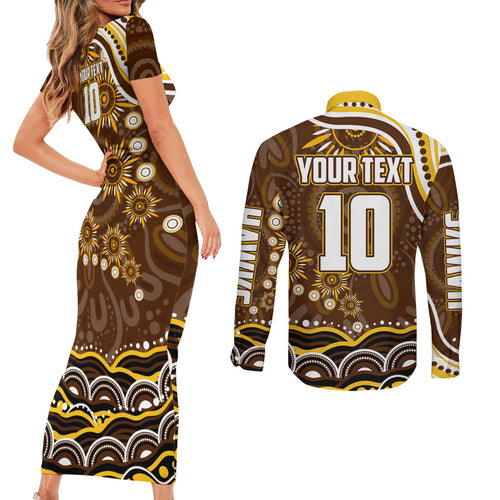 Personalized Hawthorn Hawks AFL Mascot Couples Matching Short Sleeve Bodycon Dress and Long Sleeve Button Shirt Aboriginal Dot Art - Dreamtime Football Mascot