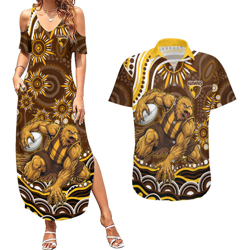 Personalized Hawthorn Hawks AFL Mascot Couples Matching Summer Maxi Dress and Hawaiian Shirt Aboriginal Dot Art - Dreamtime Football Mascot