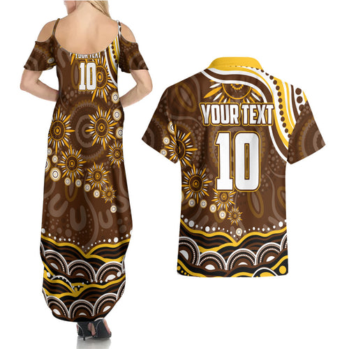 Personalized Hawthorn Hawks AFL Mascot Couples Matching Summer Maxi Dress and Hawaiian Shirt Aboriginal Dot Art - Dreamtime Football Mascot