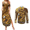 Personalized Hawthorn Hawks AFL Mascot Couples Matching Summer Maxi Dress and Long Sleeve Button Shirt Aboriginal Dot Art - Dreamtime Football Mascot