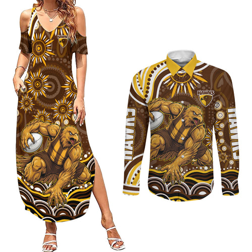 Personalized Hawthorn Hawks AFL Mascot Couples Matching Summer Maxi Dress and Long Sleeve Button Shirt Aboriginal Dot Art - Dreamtime Football Mascot