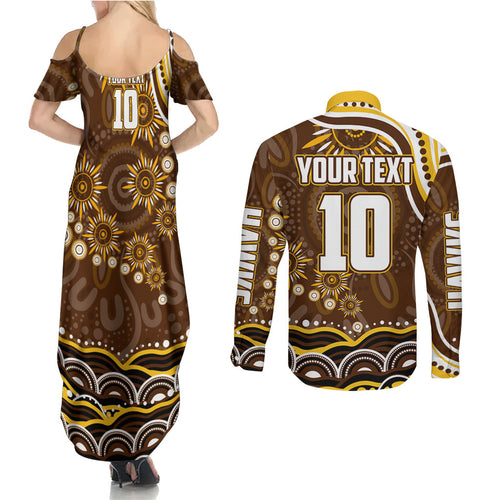 Personalized Hawthorn Hawks AFL Mascot Couples Matching Summer Maxi Dress and Long Sleeve Button Shirt Aboriginal Dot Art - Dreamtime Football Mascot