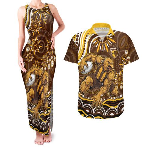 Personalized Hawthorn Hawks AFL Mascot Couples Matching Tank Maxi Dress and Hawaiian Shirt Aboriginal Dot Art - Dreamtime Football Mascot