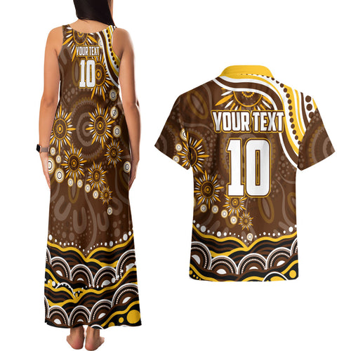 Personalized Hawthorn Hawks AFL Mascot Couples Matching Tank Maxi Dress and Hawaiian Shirt Aboriginal Dot Art - Dreamtime Football Mascot