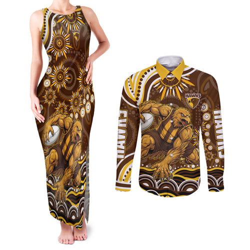 Personalized Hawthorn Hawks AFL Mascot Couples Matching Tank Maxi Dress and Long Sleeve Button Shirt Aboriginal Dot Art - Dreamtime Football Mascot
