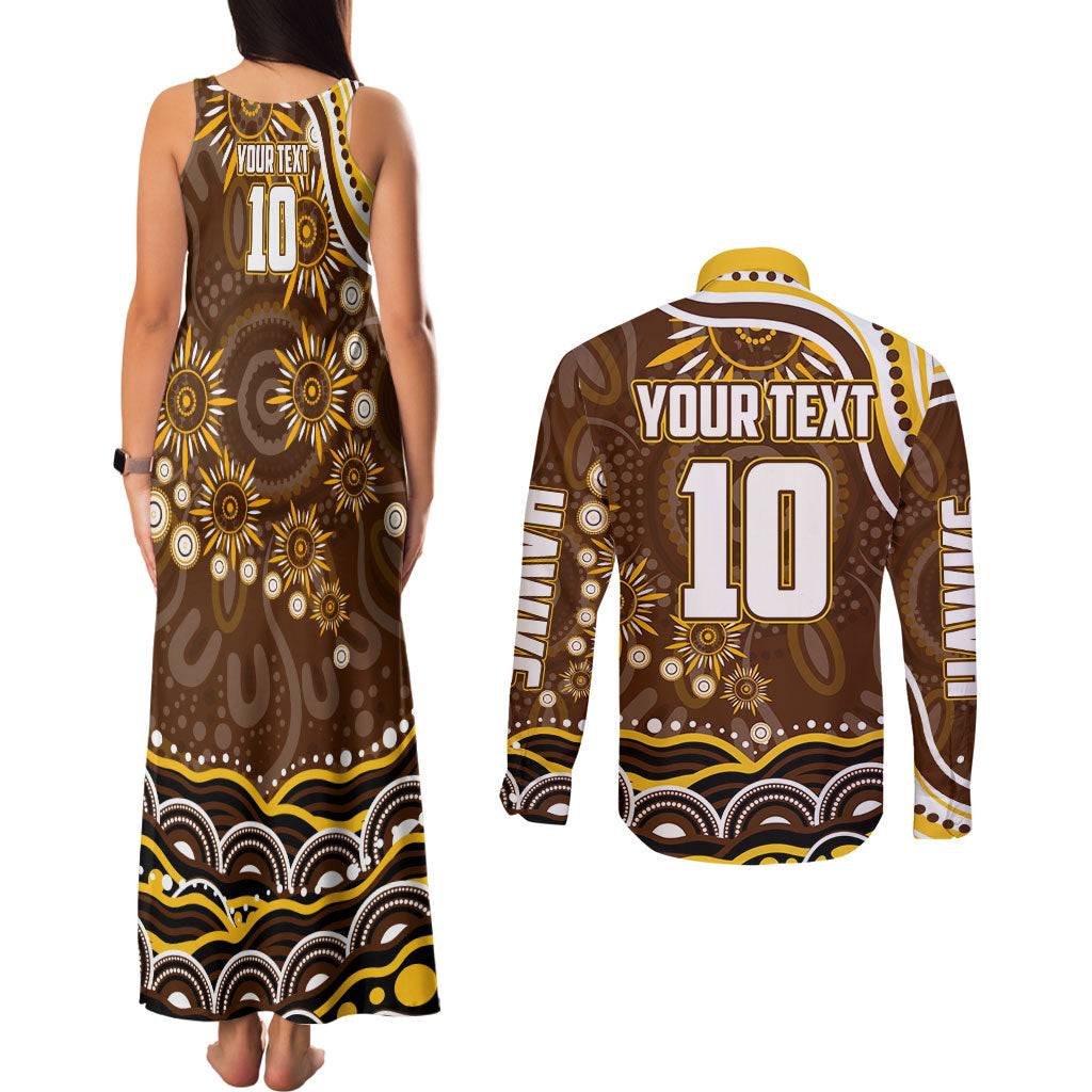 Personalized Hawthorn Hawks AFL Mascot Couples Matching Tank Maxi Dress and Long Sleeve Button Shirt Aboriginal Dot Art - Dreamtime Football Mascot