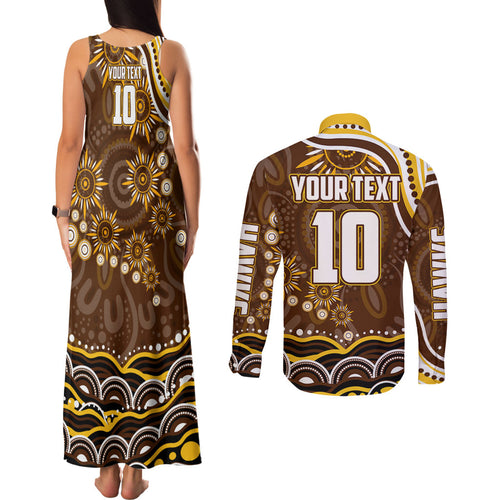 Personalized Hawthorn Hawks AFL Mascot Couples Matching Tank Maxi Dress and Long Sleeve Button Shirt Aboriginal Dot Art - Dreamtime Football Mascot