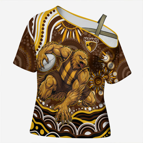 Personalized Hawthorn Hawks AFL Mascot Cross Shoulder Shirt Aboriginal Dot Art - Dreamtime Football Mascot