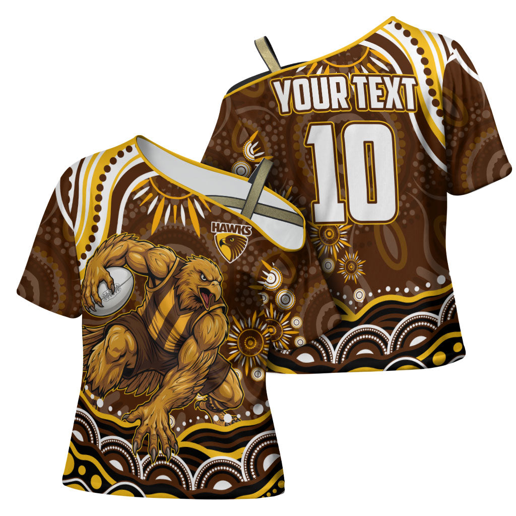 Personalized Hawthorn Hawks AFL Mascot Cross Shoulder Shirt Aboriginal Dot Art - Dreamtime Football Mascot