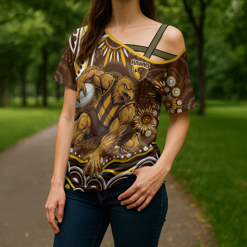 Personalized Hawthorn Hawks AFL Mascot Cross Shoulder Shirt Aboriginal Dot Art - Dreamtime Football Mascot