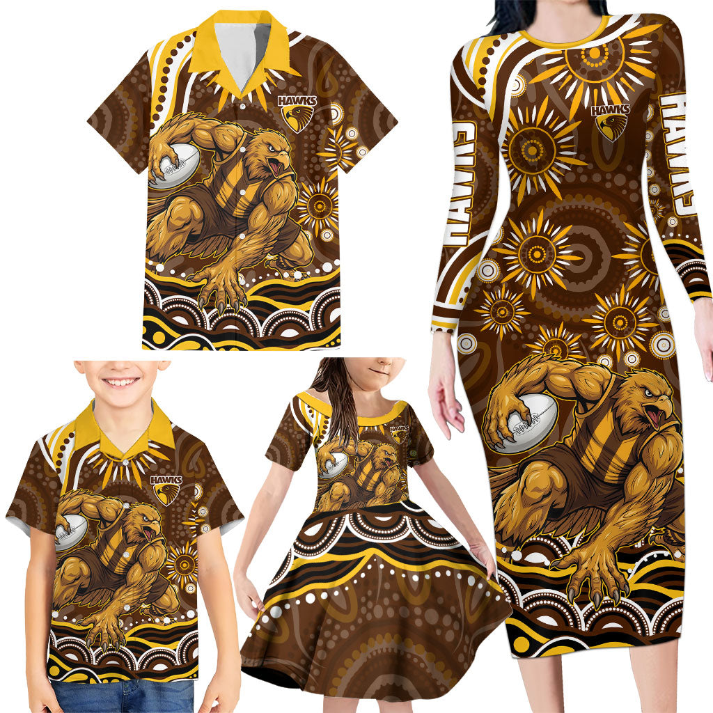 Personalized Hawthorn Hawks AFL Mascot Family Matching Long Sleeve Bodycon Dress and Hawaiian Shirt Aboriginal Dot Art - Dreamtime Football Mascot