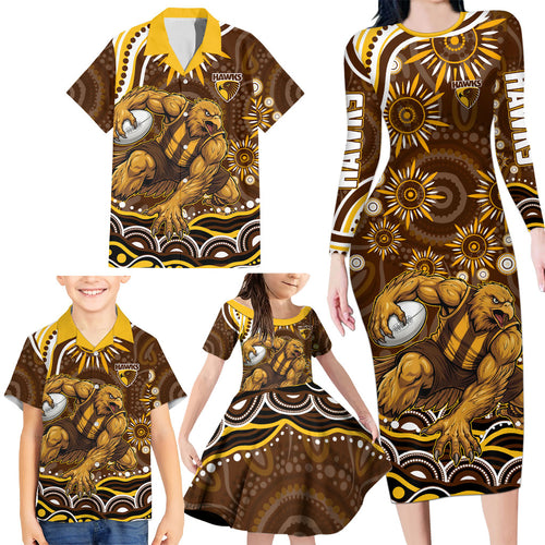 Personalized Hawthorn Hawks AFL Mascot Family Matching Long Sleeve Bodycon Dress and Hawaiian Shirt Aboriginal Dot Art - Dreamtime Football Mascot