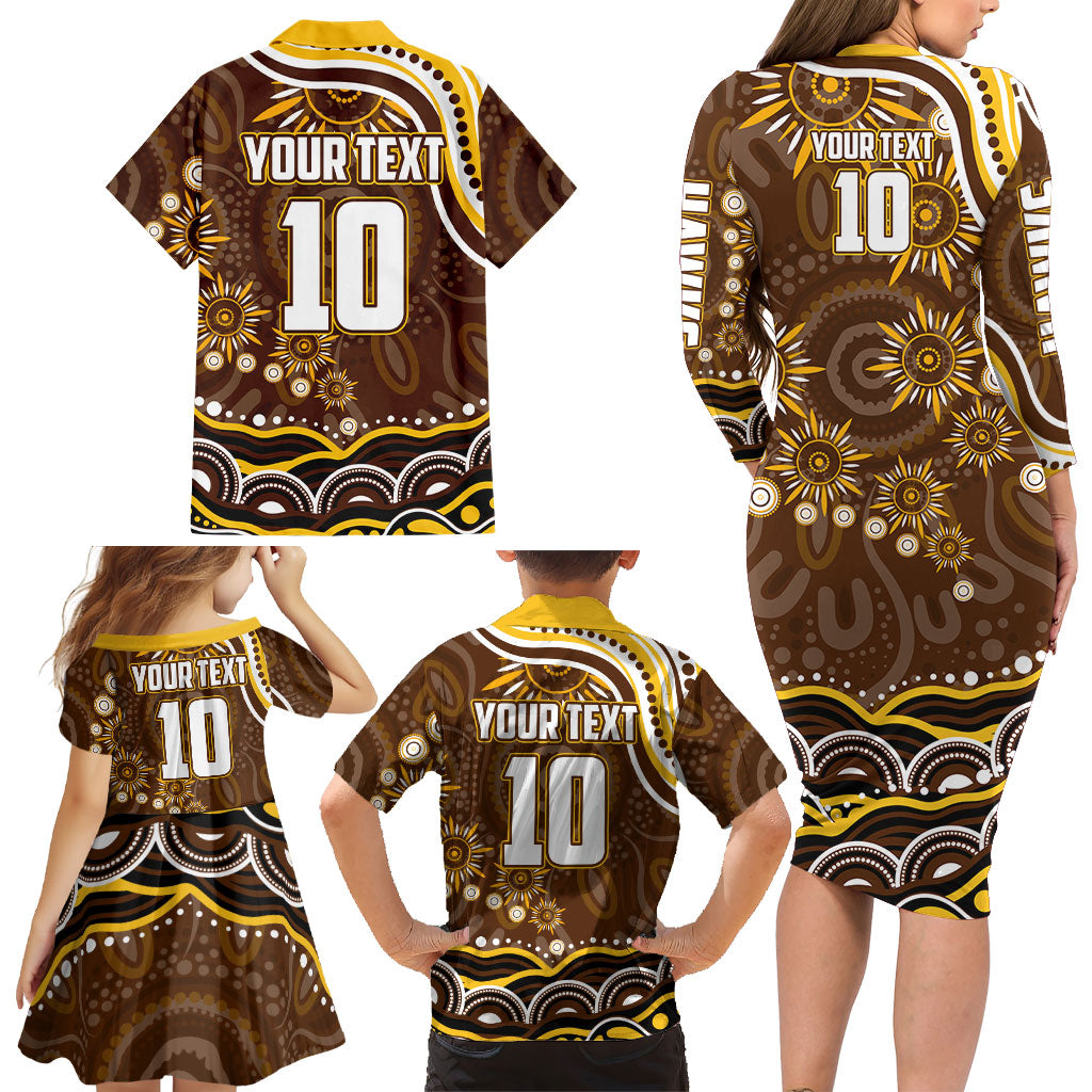 Personalized Hawthorn Hawks AFL Mascot Family Matching Long Sleeve Bodycon Dress and Hawaiian Shirt Aboriginal Dot Art - Dreamtime Football Mascot