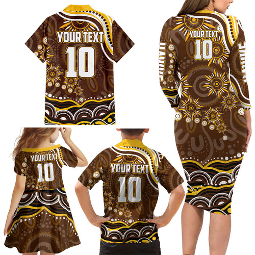 Personalized Hawthorn Hawks AFL Mascot Family Matching Long Sleeve Bodycon Dress and Hawaiian Shirt Aboriginal Dot Art - Dreamtime Football Mascot