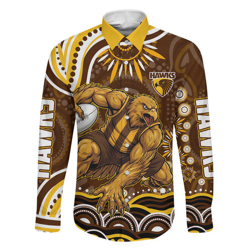 Personalized Hawthorn Hawks AFL Mascot Family Matching Long Sleeve Bodycon Dress and Hawaiian Shirt Aboriginal Dot Art - Dreamtime Football Mascot
