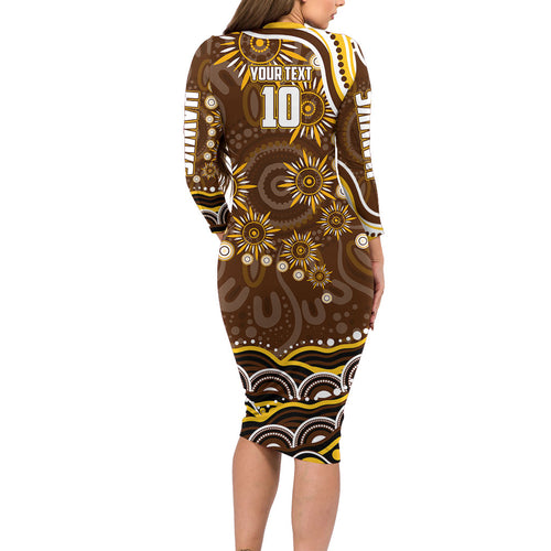 Personalized Hawthorn Hawks AFL Mascot Family Matching Long Sleeve Bodycon Dress and Hawaiian Shirt Aboriginal Dot Art - Dreamtime Football Mascot