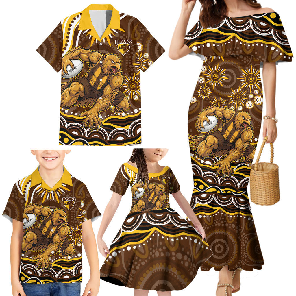 Personalized Hawthorn Hawks AFL Mascot Family Matching Mermaid Dress and Hawaiian Shirt Aboriginal Dot Art - Dreamtime Football Mascot
