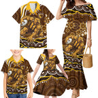 Personalized Hawthorn Hawks AFL Mascot Family Matching Mermaid Dress and Hawaiian Shirt Aboriginal Dot Art - Dreamtime Football Mascot