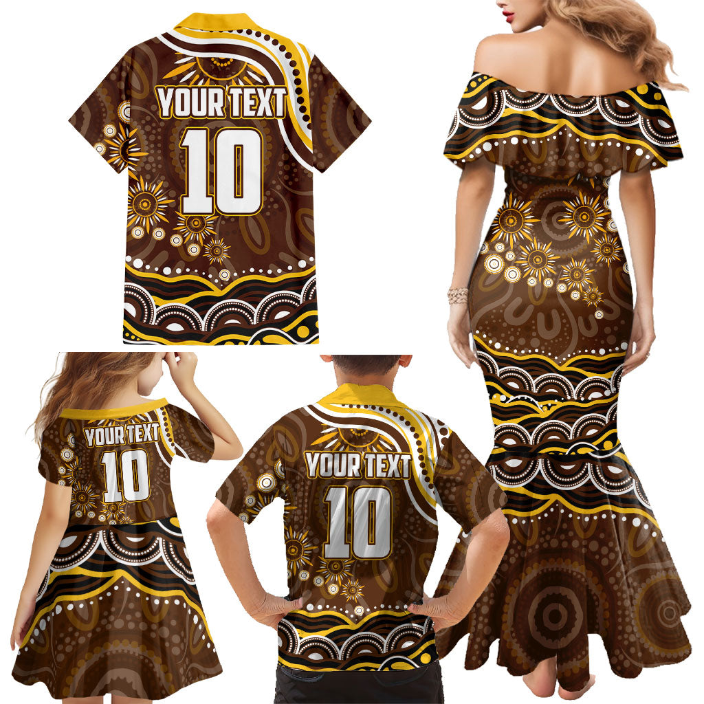 Personalized Hawthorn Hawks AFL Mascot Family Matching Mermaid Dress and Hawaiian Shirt Aboriginal Dot Art - Dreamtime Football Mascot